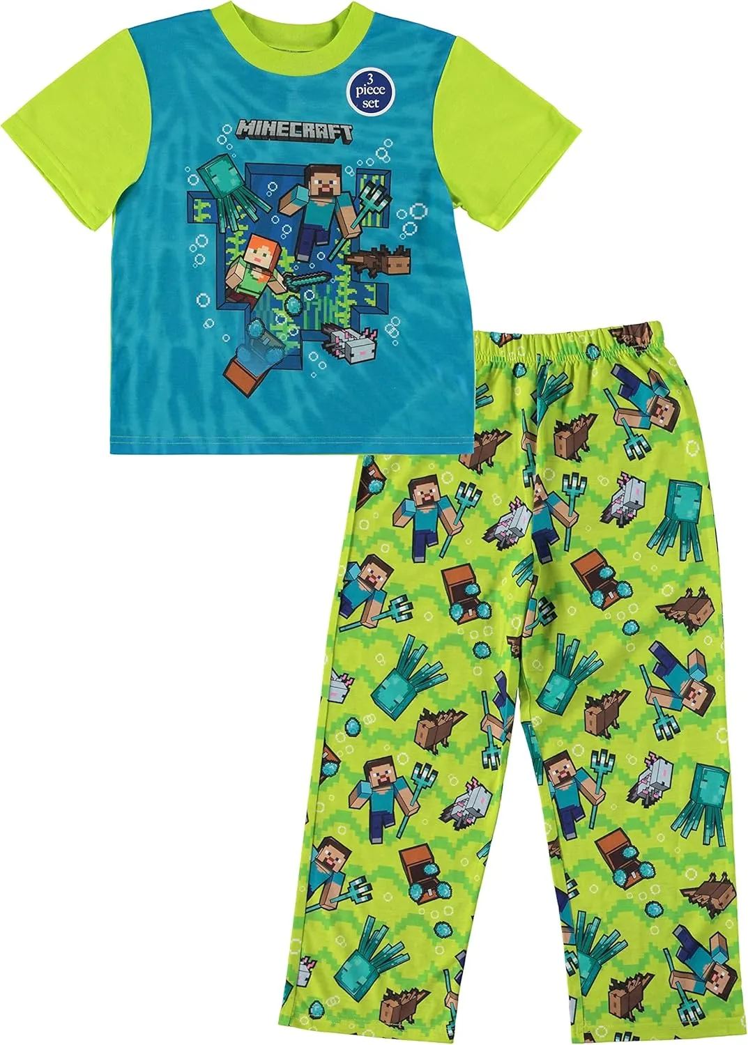 Minecraft Mojang Boys Pajamas Set - 3 Piece Short Sleeve Creeper Pajamas - Short Sleeves, Shorts and Pants Pajamas Set
