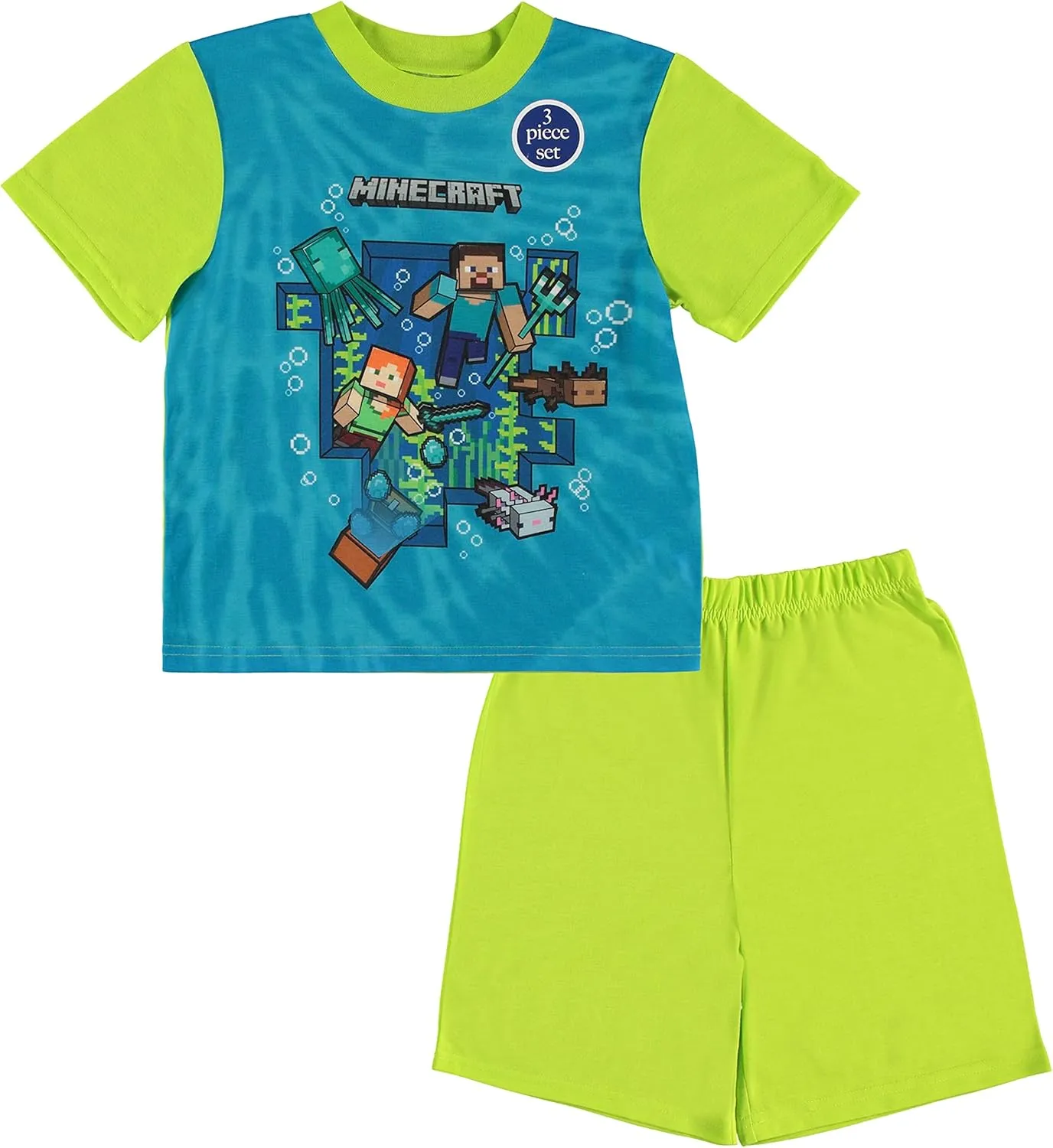 Minecraft Mojang Boys Pajamas Set - 3 Piece Short Sleeve Creeper Pajamas - Short Sleeves, Shorts and Pants Pajamas Set