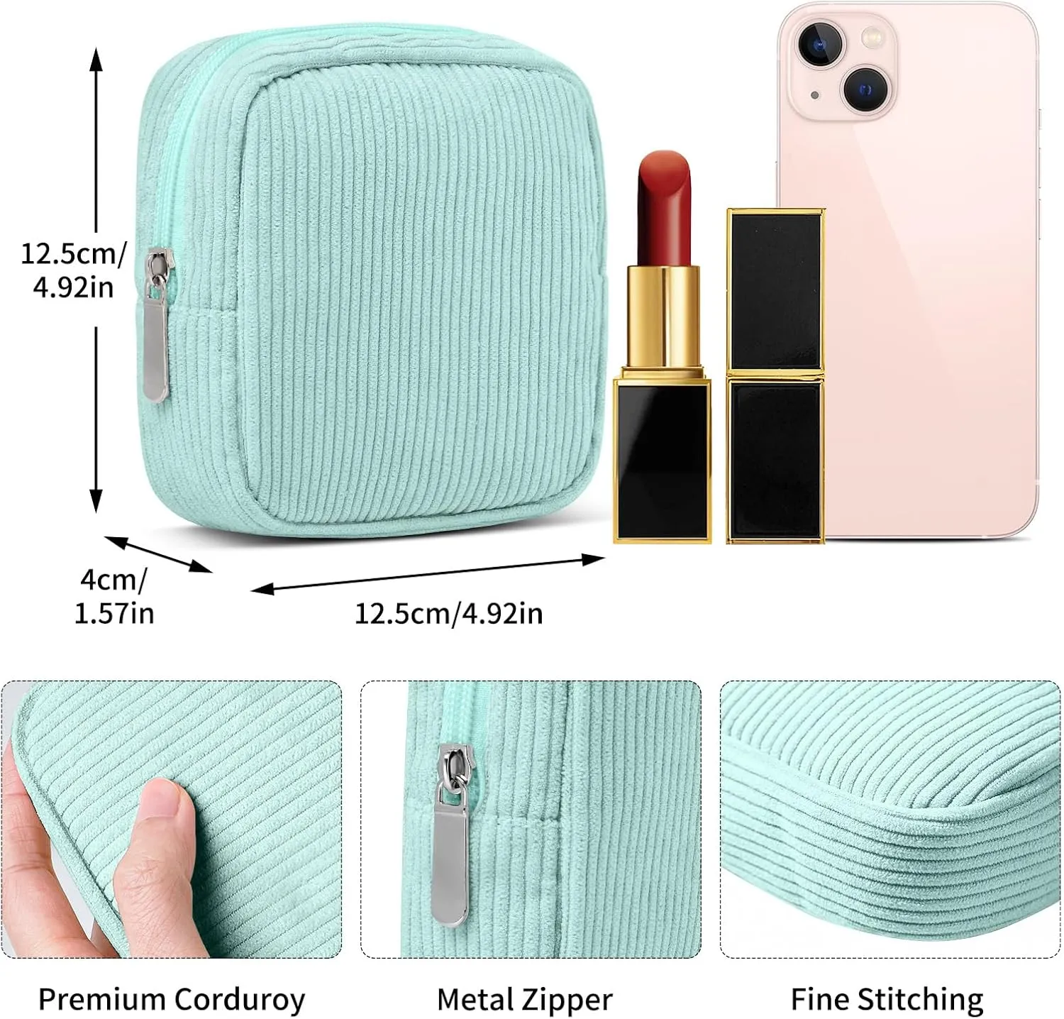 Mini Makeup Bag for Purse  Corduroy Small Zipper Pouch with Inner Pocket, Ideal for Essentials, Cosmetics, and Period Items  Compact Gift for Women, Green
