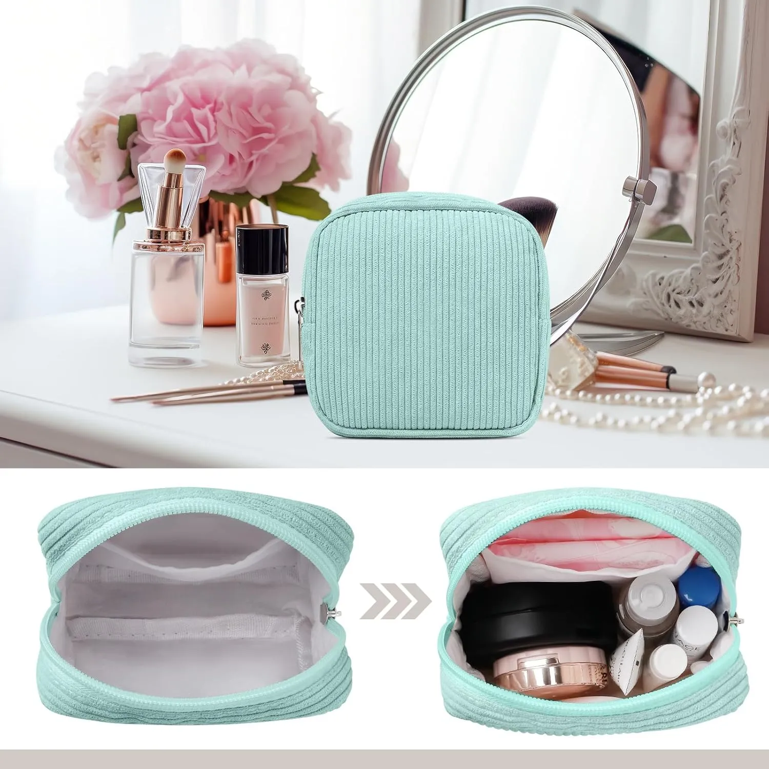 Mini Makeup Bag for Purse  Corduroy Small Zipper Pouch with Inner Pocket, Ideal for Essentials, Cosmetics, and Period Items  Compact Gift for Women, Green