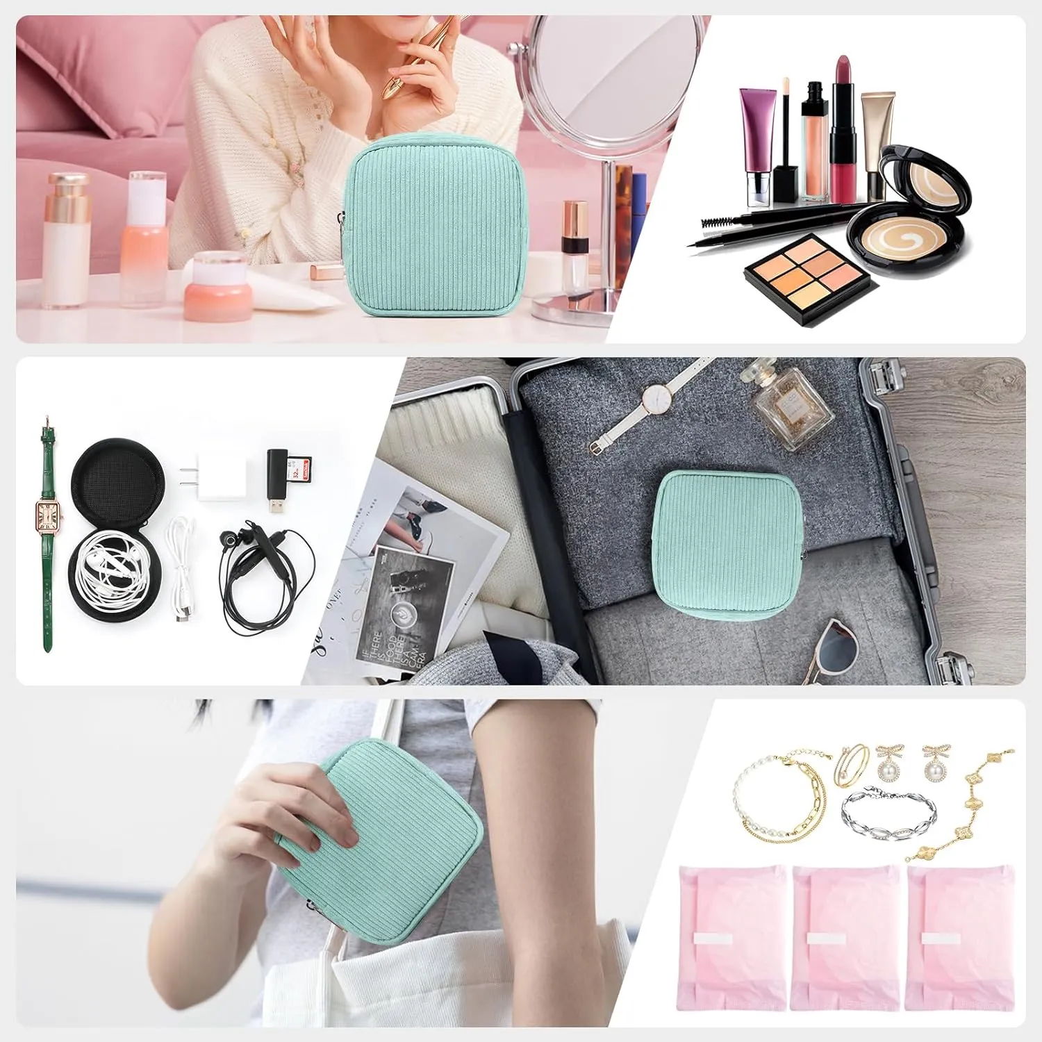 Mini Makeup Bag for Purse  Corduroy Small Zipper Pouch with Inner Pocket, Ideal for Essentials, Cosmetics, and Period Items  Compact Gift for Women, Green