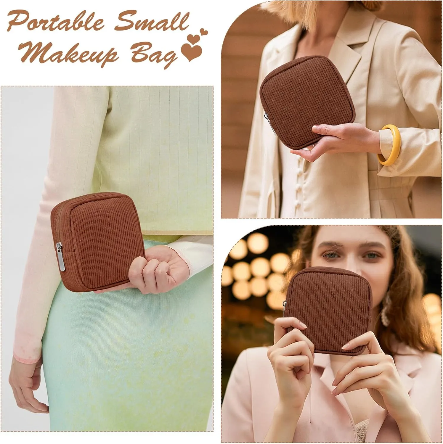 Mini Pouch for Purse  Small Corduroy Makeup Bag with Inner Pocket, Zipper Pouch for Essentials, Jewelry, and Cables  Perfect for Gifts and Daily Use, Brown