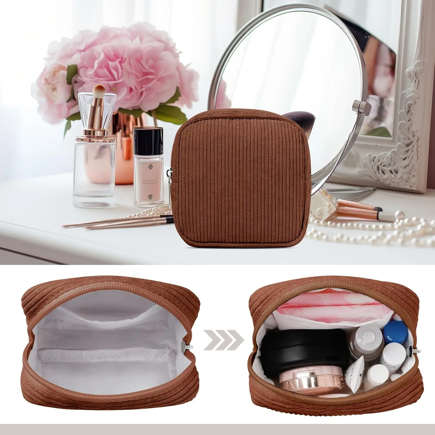 Mini Pouch for Purse  Small Corduroy Makeup Bag with Inner Pocket, Zipper Pouch for Essentials, Jewelry, and Cables  Perfect for Gifts and Daily Use, Brown