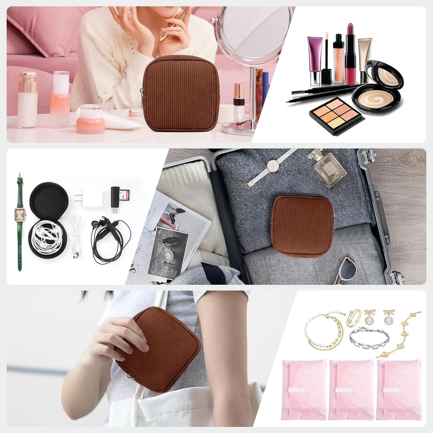 Mini Pouch for Purse  Small Corduroy Makeup Bag with Inner Pocket, Zipper Pouch for Essentials, Jewelry, and Cables  Perfect for Gifts and Daily Use, Brown