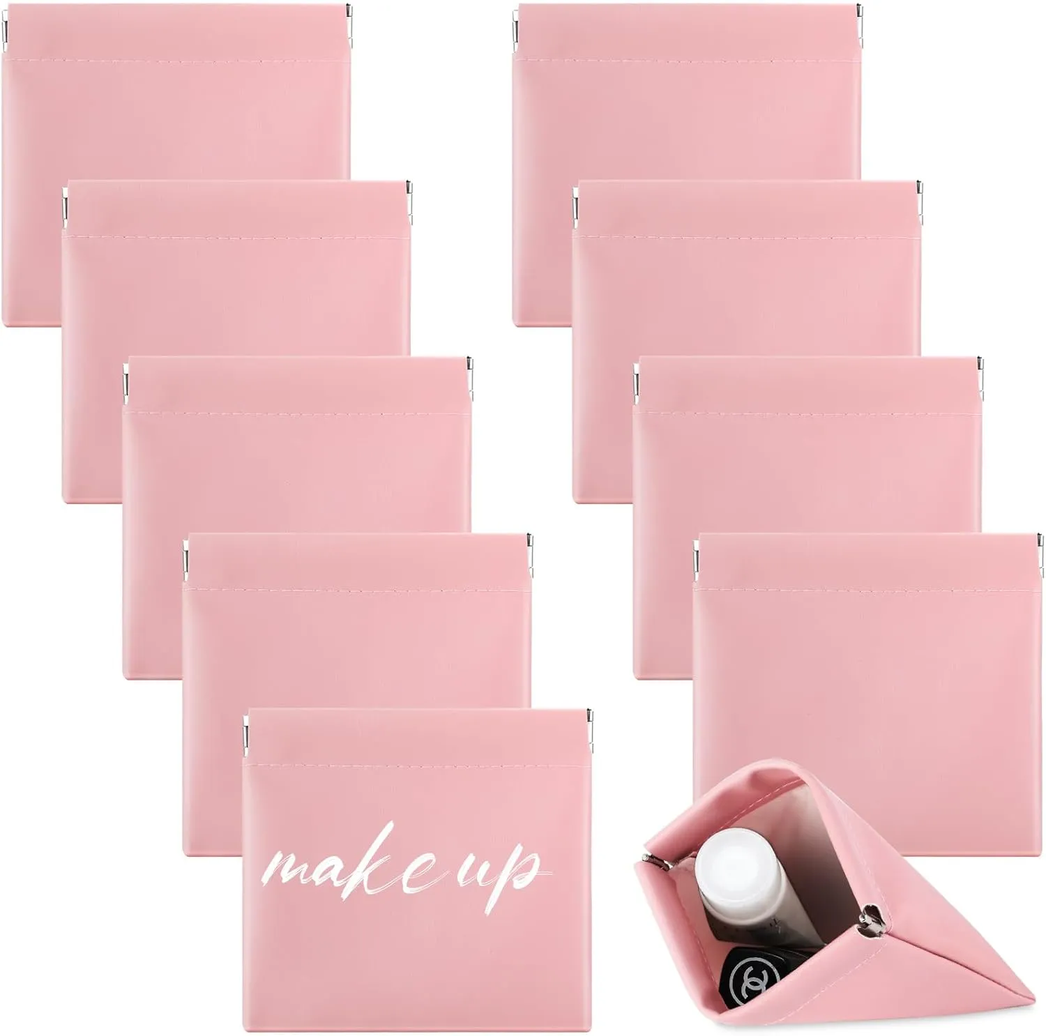 Mixweer 10 Pcs Makeup Bag Lambskin Pocket Bag Cosmetics Pouch Purse Portable Organizer PU Leather No Zipper Travel Multifunctional Storage Bag (Pink,Small Size)