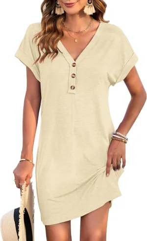 MOLERANI Women's Casual T Shirt V Neck Dress Summer Button Short Sleeve Dresses 2025 Mini Sundresses