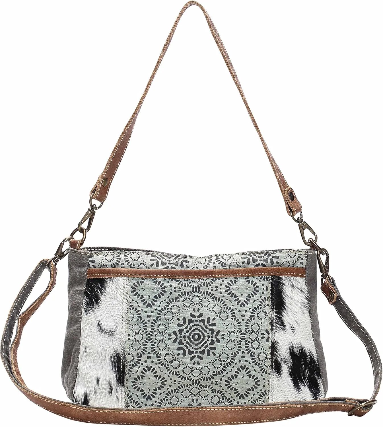 Myra Bag Dual Strap Cowhide & Upcycled Canvas Bag S-1149, Brown, One Size