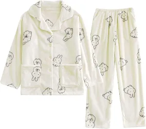 Mzkdieey Women Pajamas Set Flannel 2 Piece Winter Warm Long Sleeve Button Down Pjs Sets Cute Bunny Print Loungewear Sleepwear