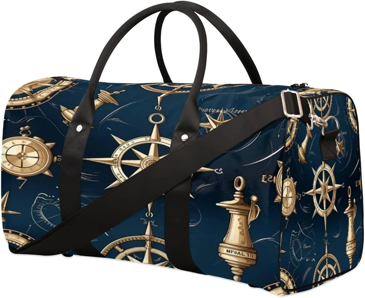 Nautical Compass Retro Travel Duffel Bag for Women Men, Ocean Compass Sport Tote Gym Bag Foldable Weekender Overnight Bag Waterproof Carry On Luggage Bag