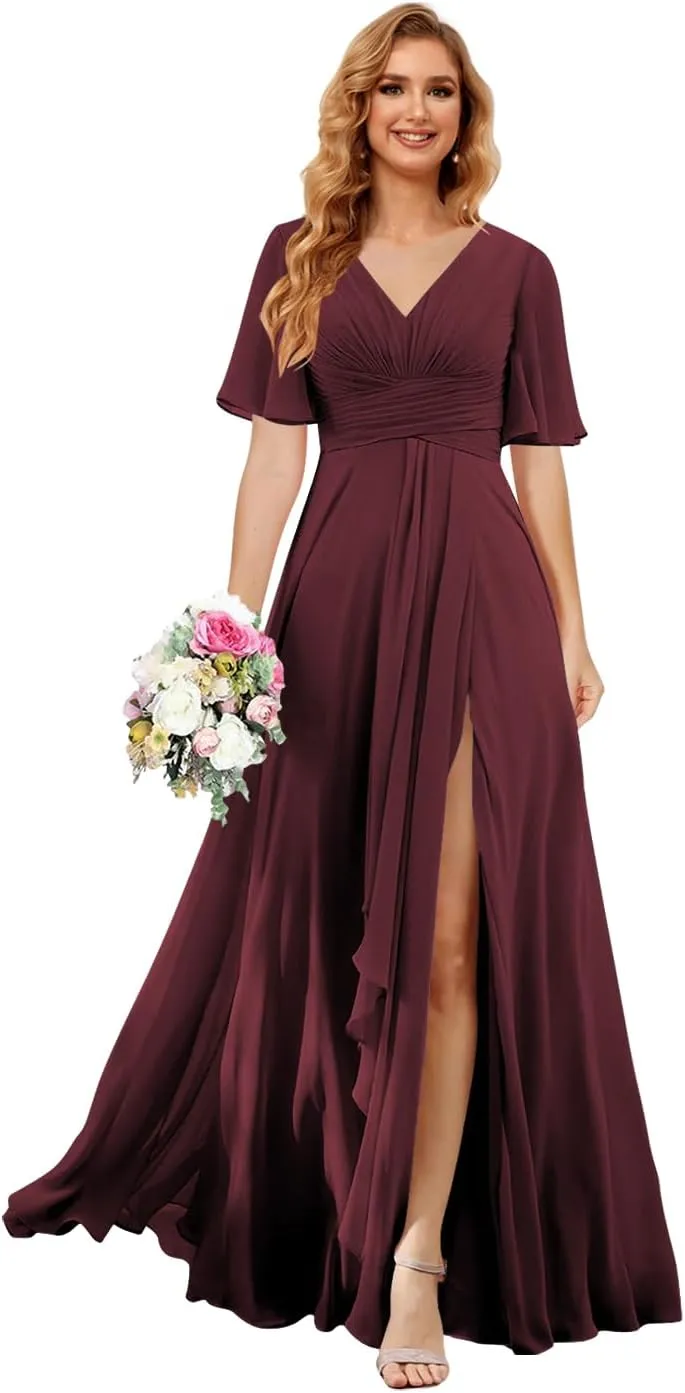 Noras dress Women's V Neck Bridesmaid Dresses with Pockets Chiffon Short Sleeve Formal Dress Long with Slit 2025 NO101