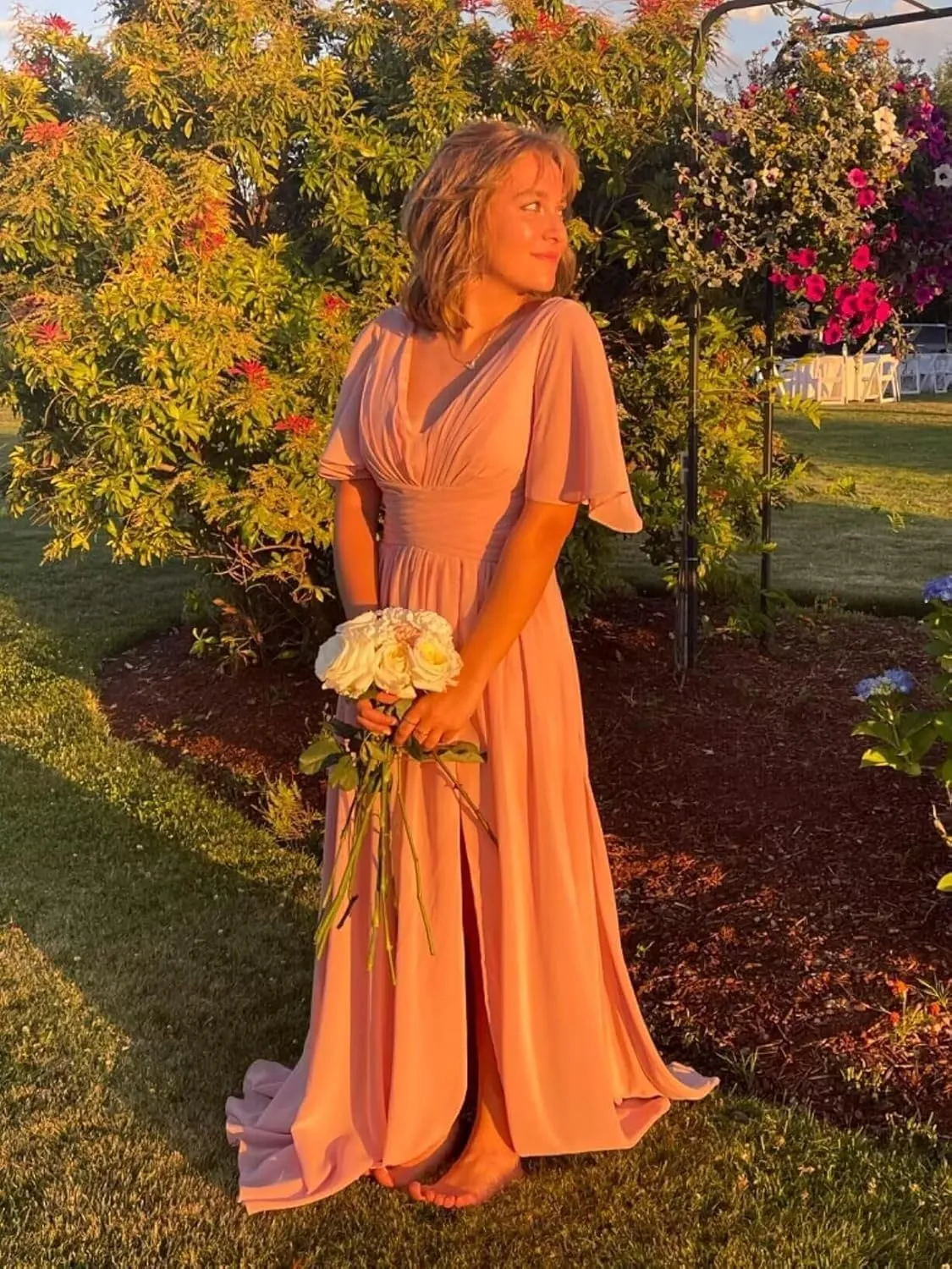 Noras dress Women's V Neck Bridesmaid Dresses with Pockets Chiffon Short Sleeve Formal Dress Long with Slit 2025 NO101
