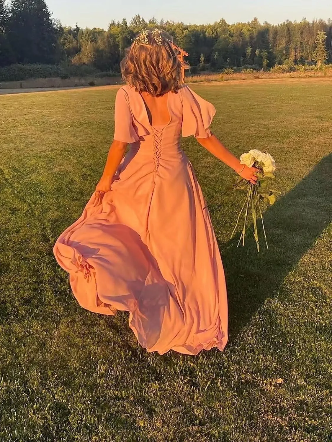 Noras dress Women's V Neck Bridesmaid Dresses with Pockets Chiffon Short Sleeve Formal Dress Long with Slit 2025 NO101