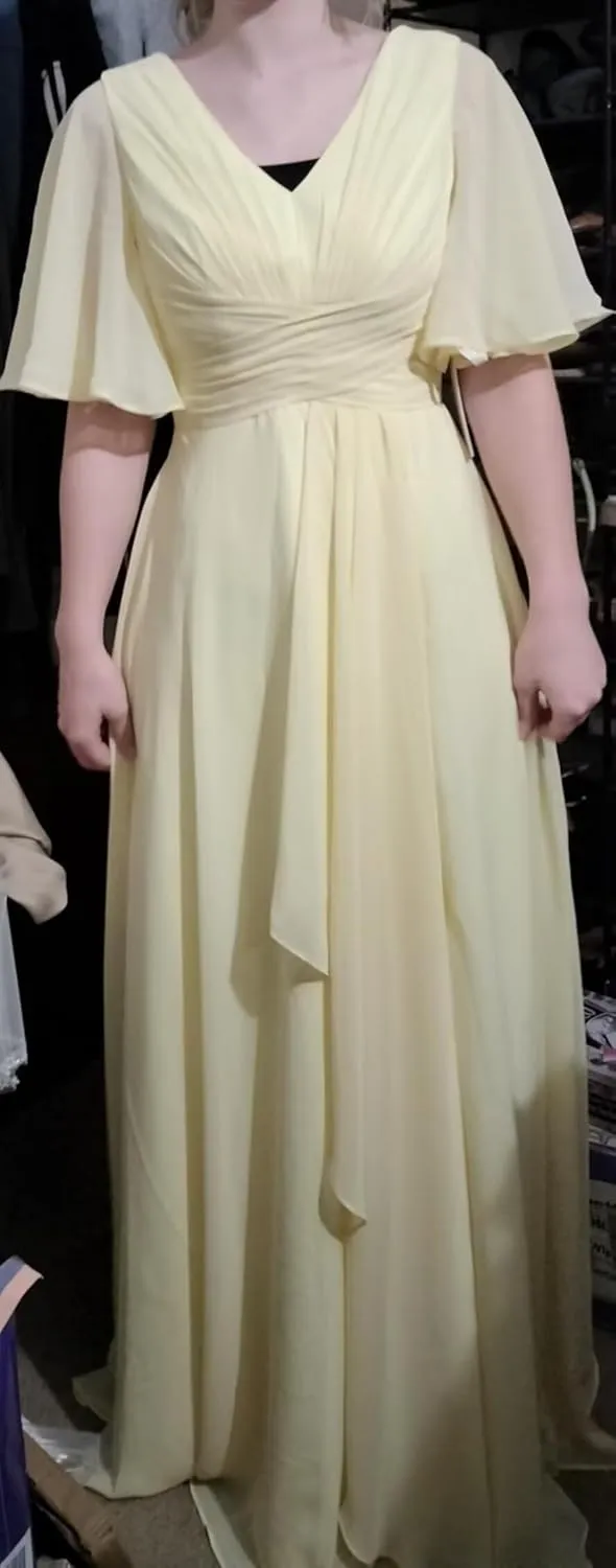 Noras dress Women's V Neck Bridesmaid Dresses with Pockets Chiffon Short Sleeve Formal Dress Long with Slit 2025 NO101