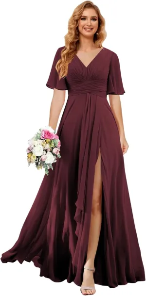 Noras dress Women's V Neck Bridesmaid Dresses with Pockets Chiffon Short Sleeve Formal Dress Long with Slit 2025 NO101