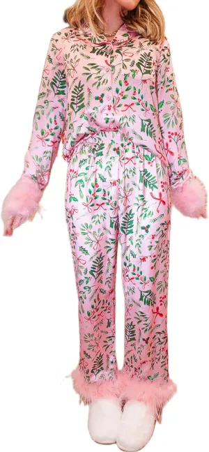 NUFIWI Women Heart Print Pajamas Long Sleeve Feather Trim Pj Set Button Down Shirt Pajama Pants Matching 2 Piece Loungewear