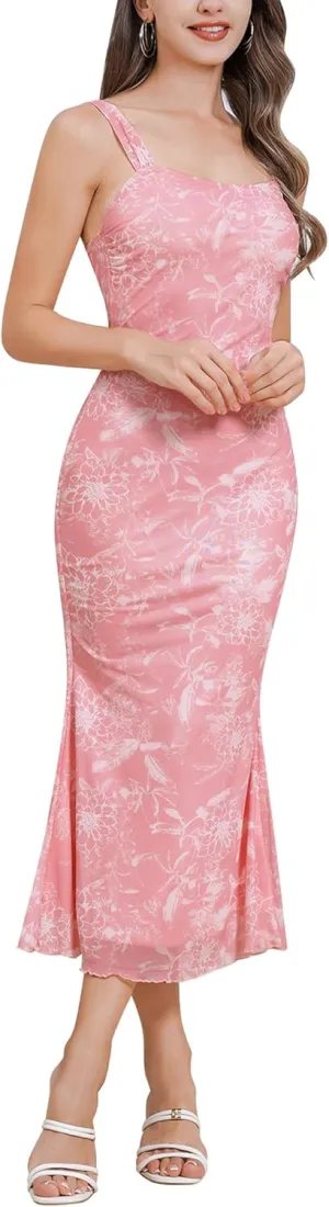 ODIZLI Womens Mesh Sleeveless Floral Print Ruched Bodycon Midi Dress Cami Dress Party Dress Going Out Dress