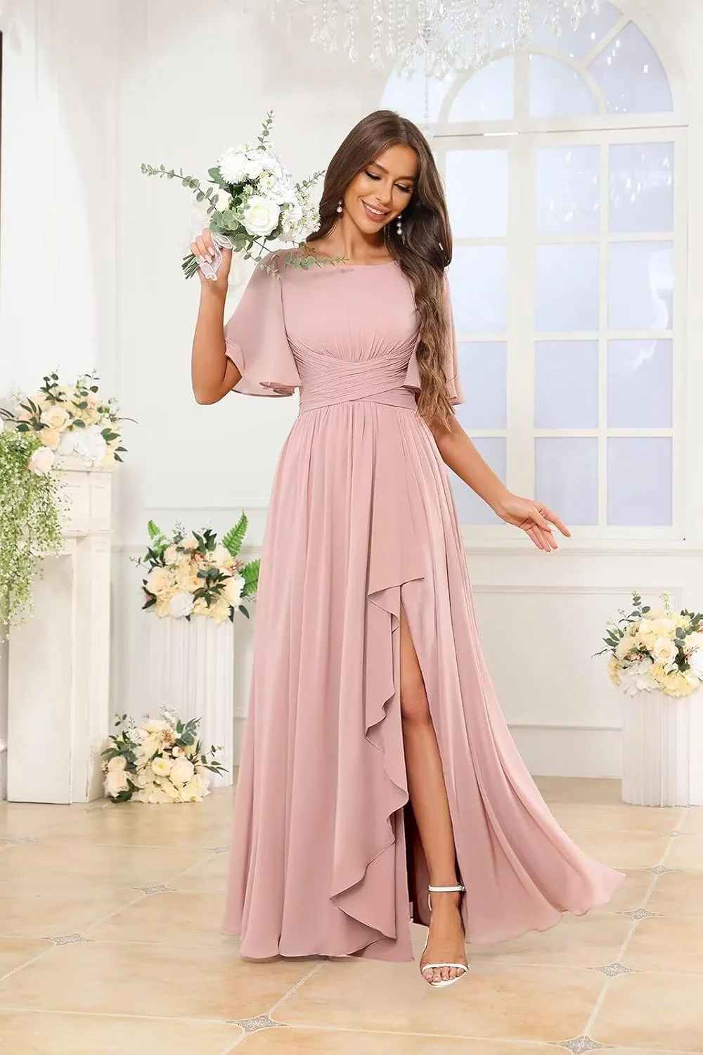 OFEECHUN Flutter Sleeve Chiffon Bridesmaid Dresses for Women with Slit A Line Ruffle Formal Wedding Guest Dress with Pockets