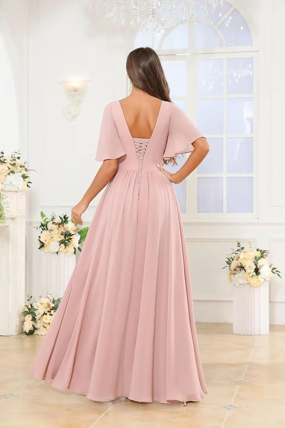 OFEECHUN Flutter Sleeve Chiffon Bridesmaid Dresses for Women with Slit A Line Ruffle Formal Wedding Guest Dress with Pockets