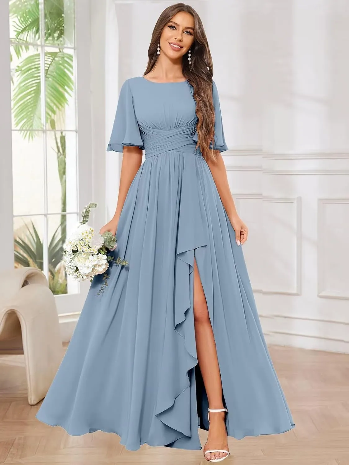 OFEECHUN Flutter Sleeve Chiffon Bridesmaid Dresses for Women with Slit A Line Ruffle Formal Wedding Guest Dress with Pockets