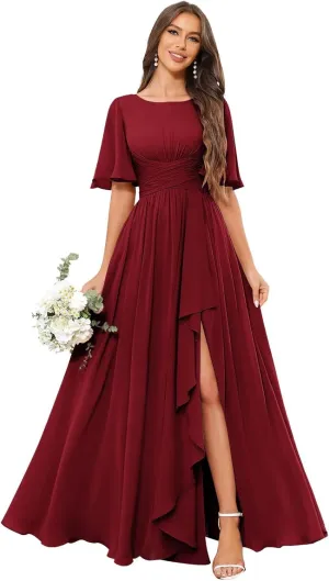 OFEECHUN Flutter Sleeve Chiffon Bridesmaid Dresses for Women with Slit A Line Ruffle Formal Wedding Guest Dress with Pockets