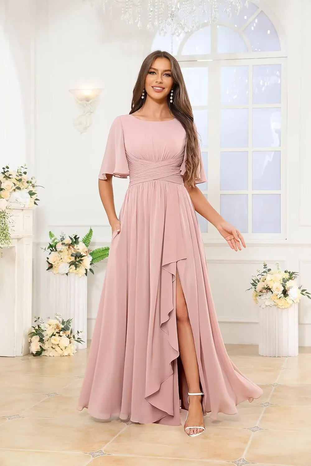 OFEECHUN Flutter Sleeve Chiffon Bridesmaid Dresses for Women with Slit A Line Ruffle Formal Wedding Guest Dress with Pockets
