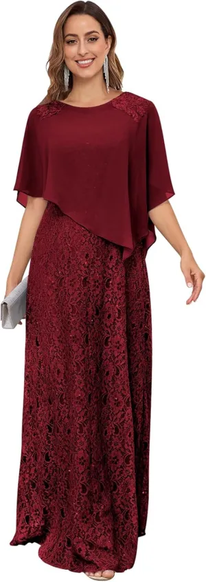 OFEECHUN Sequin Lace Mother of The Bride Dresses for Women Long Chiffon Cape Evening Formal Party Gown