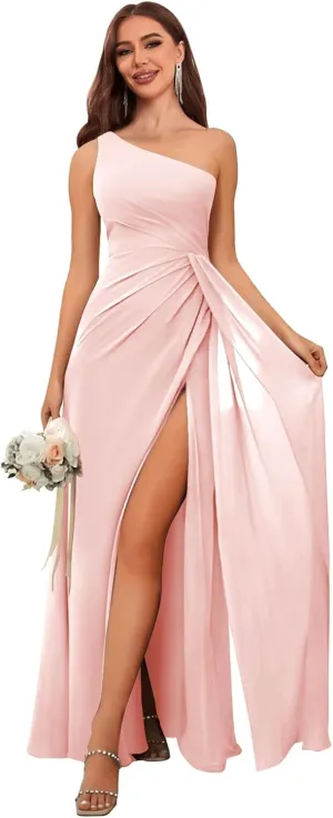 OFEECHUN Women's Chiffon One Shoulder Bridesmaid Dresses with Slit Long A Line Ruched Formal Evening Gown