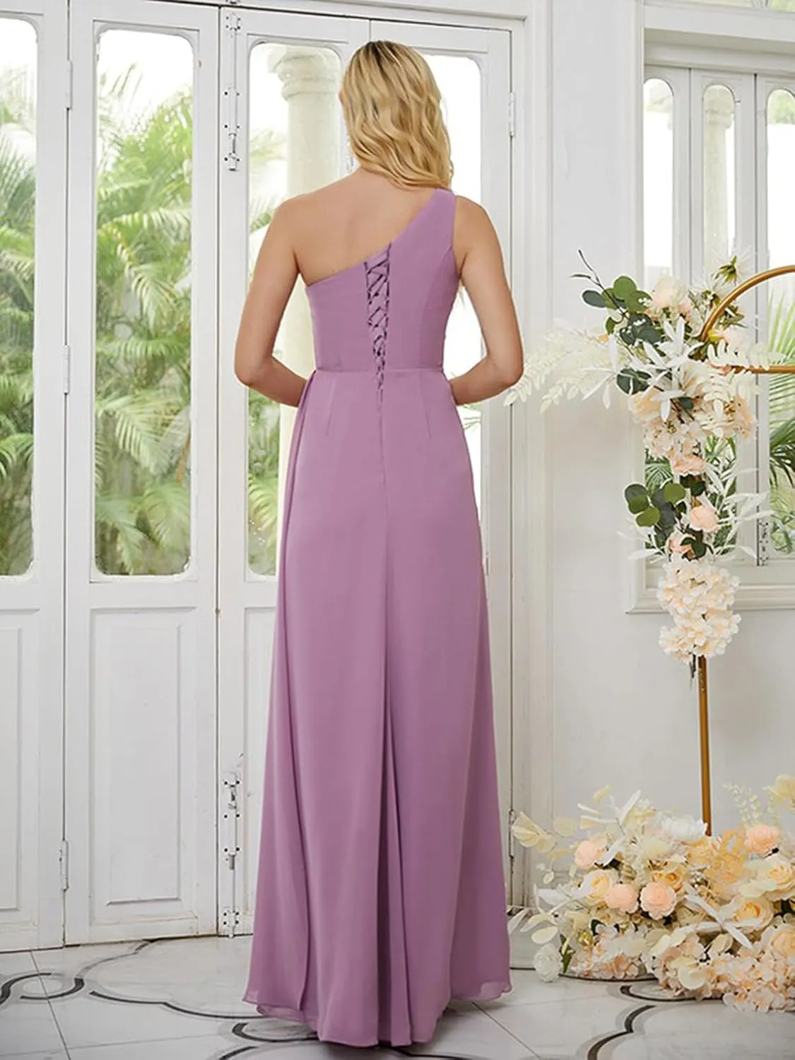 OFEECHUN Women's Chiffon One Shoulder Bridesmaid Dresses with Slit Long A Line Ruched Formal Evening Gown