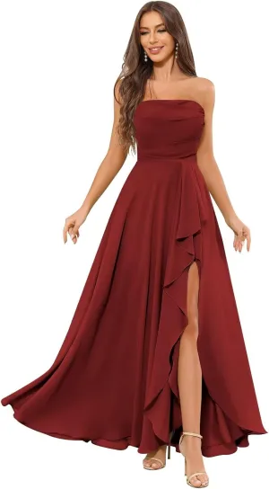 OFEYCHUN Strapless Bridesmaid Dresses for Women Ruffle Chiffon Long Formal Dress Empire Waist Evening Gown with Slit