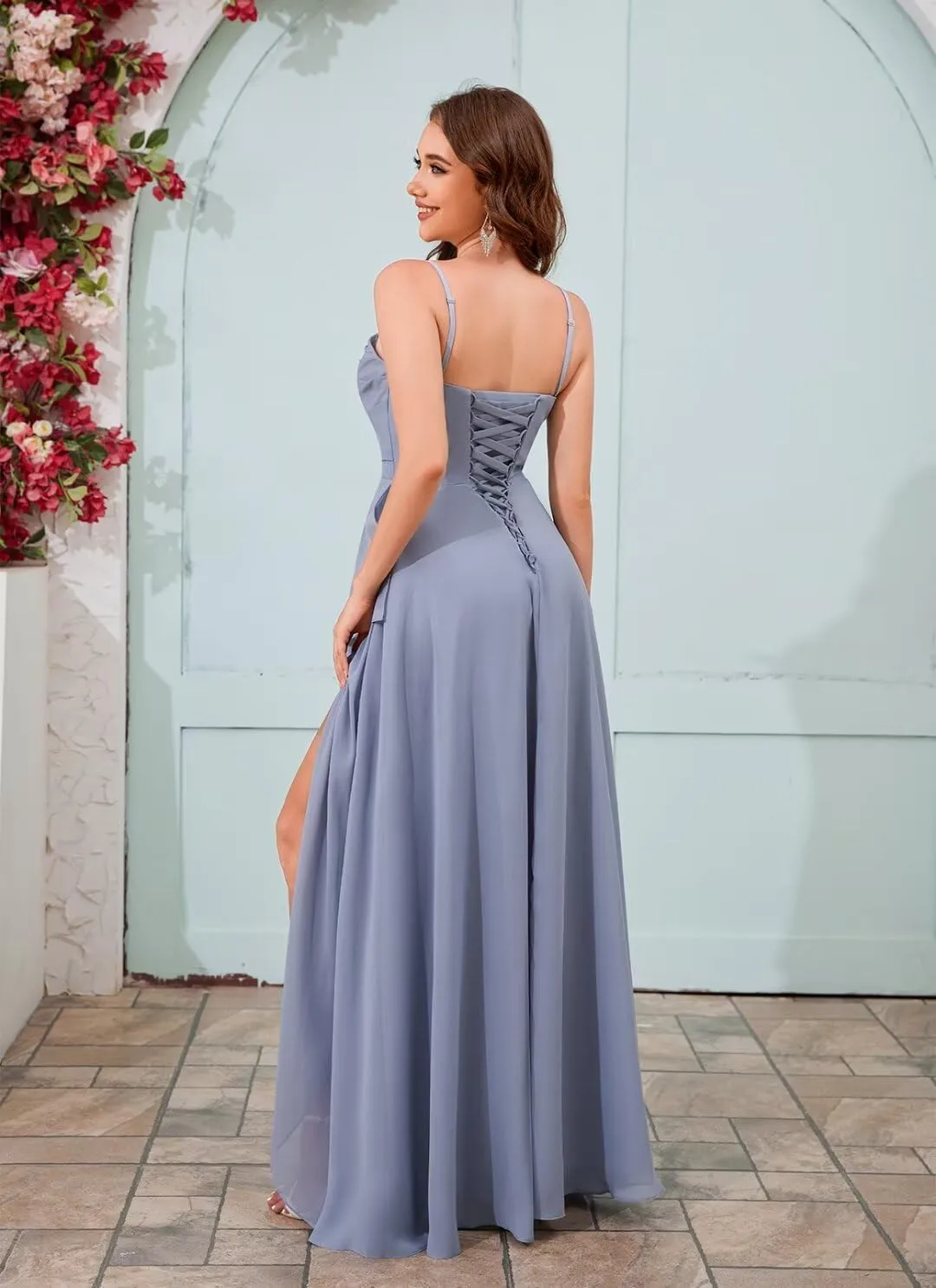 OFEYCHUN Strapless Bridesmaid Dresses for Women Ruffle Chiffon Long Formal Dress Empire Waist Evening Gown with Slit