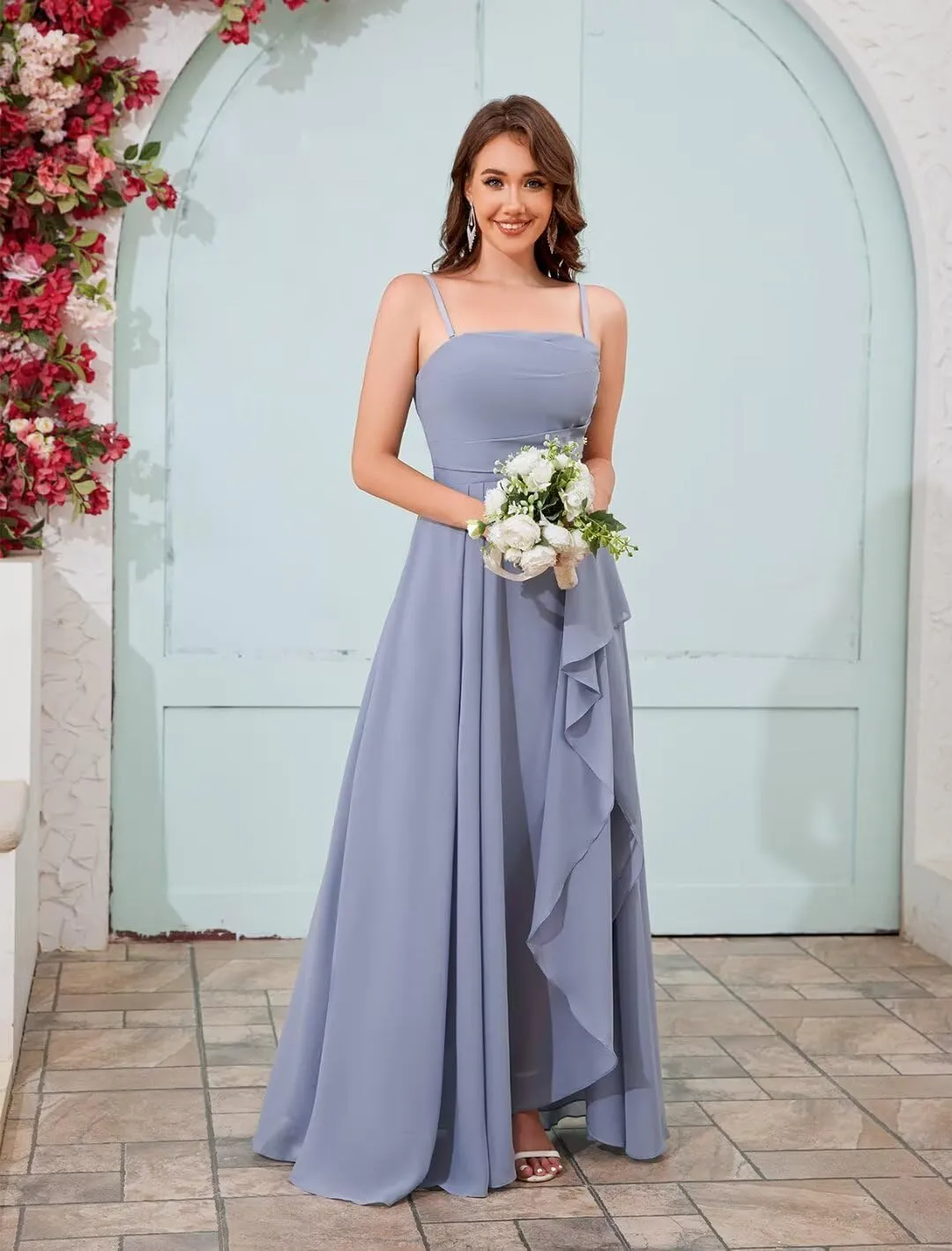 OFEYCHUN Strapless Bridesmaid Dresses for Women Ruffle Chiffon Long Formal Dress Empire Waist Evening Gown with Slit