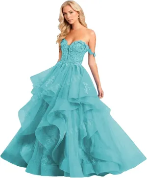 Off Shoulder Glitter Tulle Prom Dresses Ruffle Tiered Long Ball Gown Sweetheart Laces Appliques Princess Dress