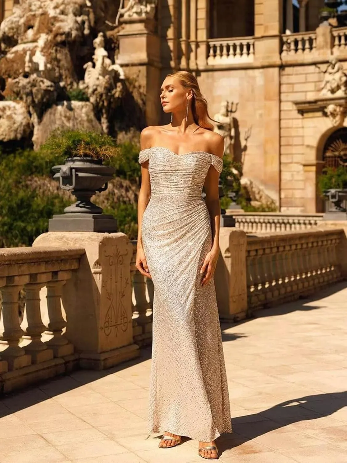 Off Shoulder Prom Dresses for Women 2025 Long Sparkly Sequin Mermaid Evening Dresses Formal Gown with Slit
