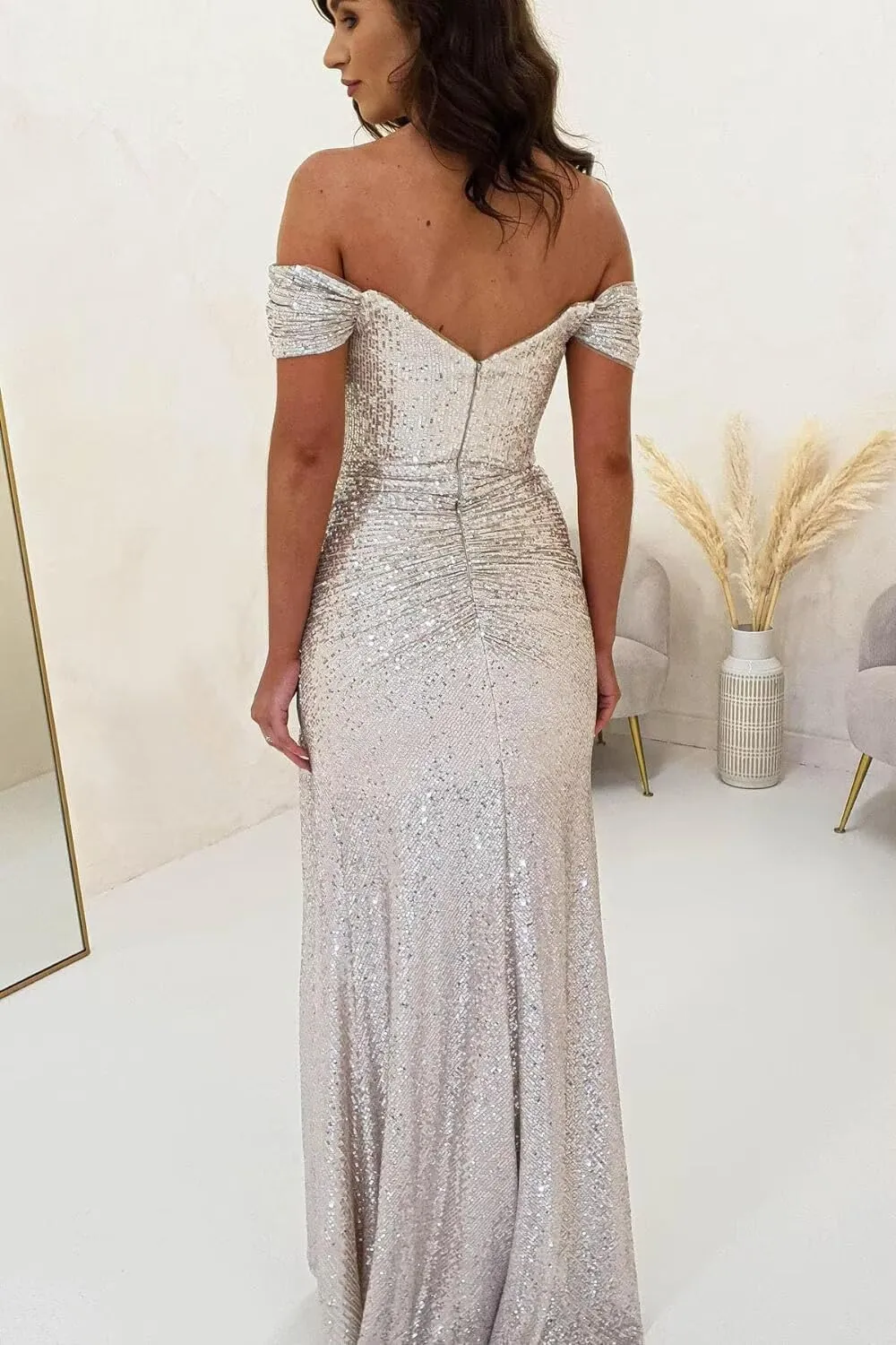 Off Shoulder Prom Dresses for Women 2025 Long Sparkly Sequin Mermaid Evening Dresses Formal Gown with Slit