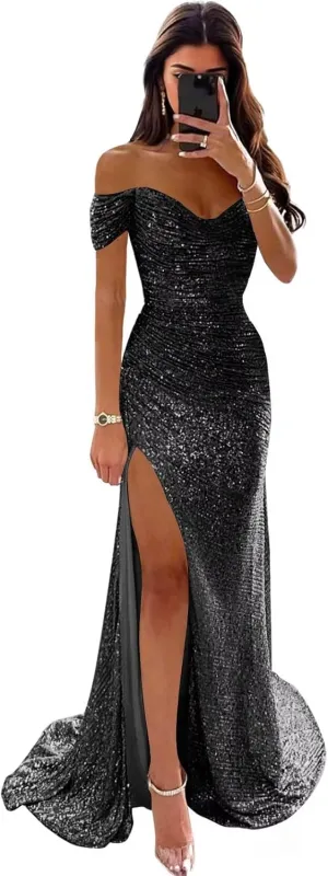 Off Shoulder Prom Dresses for Women 2025 Long Sparkly Sequin Mermaid Evening Dresses Formal Gown with Slit