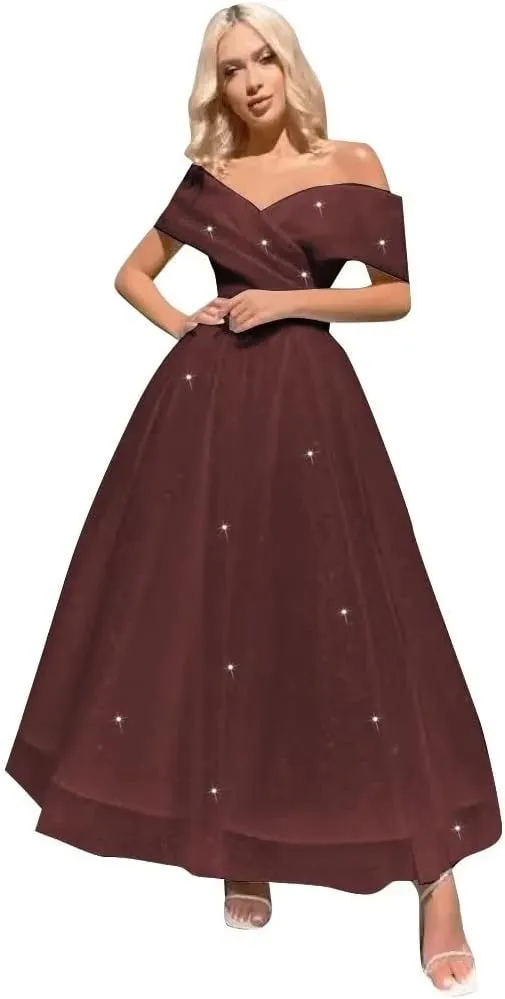 Off Shoulder Tulle Prom Dresses Tea Length Ball Gown Sparkly Formal Evening Party Gowns
