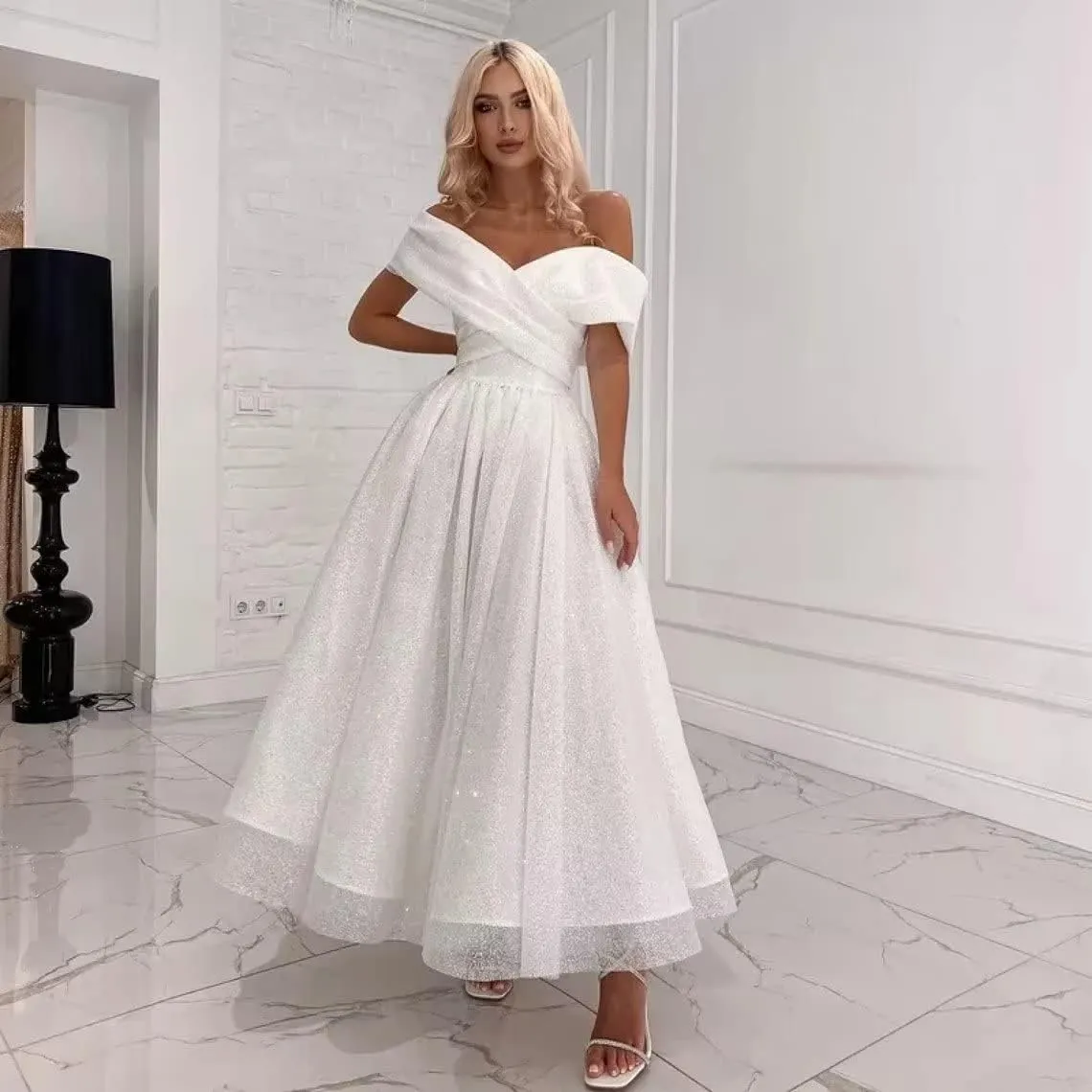 Off Shoulder Tulle Prom Dresses Tea Length Ball Gown Sparkly Formal Evening Party Gowns