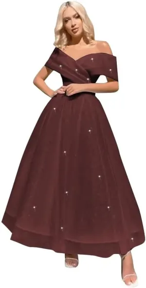Off Shoulder Tulle Prom Dresses Tea Length Ball Gown Sparkly Formal Evening Party Gowns