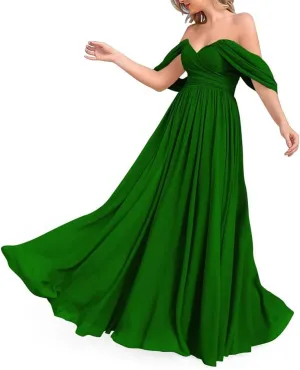Off The Shoulder Bridesmaid Dresses for Wedding Ruched Chiffon Formal Evening Party Prom Maxi Gown AN356