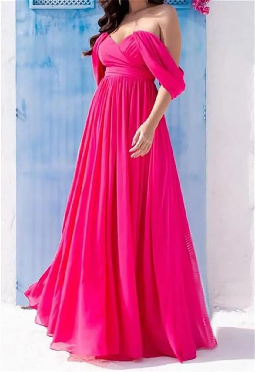 Off The Shoulder Bridesmaid Dresses for Wedding Ruched Chiffon Formal Evening Party Prom Maxi Gown AN356