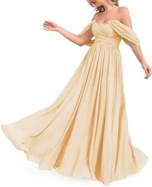 Off The Shoulder Bridesmaid Dresses for Wedding Ruched Chiffon Formal Evening Party Prom Maxi Gown AN356