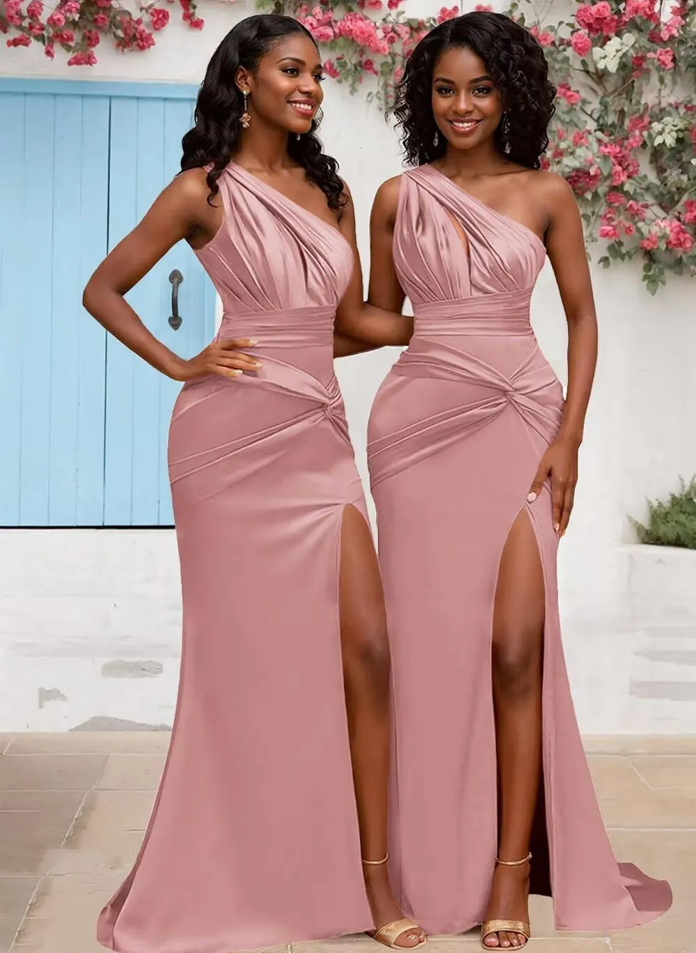 One Shoulder Satin Bridesmaid Dresses for Women with Slit Mermaid Prom Dresses Long Formal Evening Party Gown
