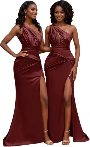 One Shoulder Satin Bridesmaid Dresses for Women with Slit Mermaid Prom Dresses Long Formal Evening Party Gown