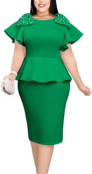 ONTINVA Women's Plus Size Pencil Dress Bowtie Beaded Ruffle Flared Sleeves Wedding Guest Dress Party Work Dresses