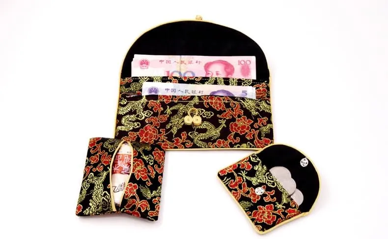 OUSIKA Chinese knot Silk Brocade Zipper 3 Sets Bags Women Travel Jewelry Cosmetic Packaging Bags Coin Purses Credit Card Holders Paper handkerchief Pouches ?) Bags (Color : Black)