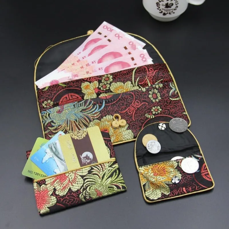 OUSIKA Chinese knot Silk Brocade Zipper 3 Sets Bags Women Travel Jewelry Cosmetic Packaging Bags Coin Purses Credit Card Holders Paper handkerchief Pouches ?) Bags (Color : Black)