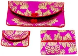 OUSIKA Chinese knot Silk Brocade Zipper 3 Sets Bags Women Travel Jewelry Cosmetic Packaging Bags Coin Purses Credit Card Holders Paper handkerchief Pouches ?) Bags (Color : Fuchsia)