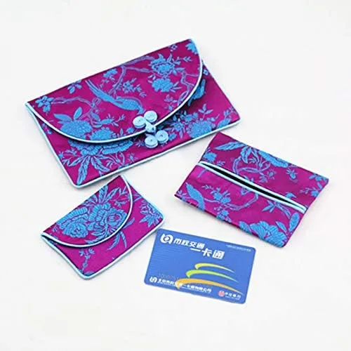 OUSIKA Chinese knot Silk Brocade Zipper 3 Sets Bags Women Travel Jewelry Cosmetic Packaging Bags Coin Purses Credit Card Holders Paper handkerchief Pouches ?) Bags (Color : Fuchsia)