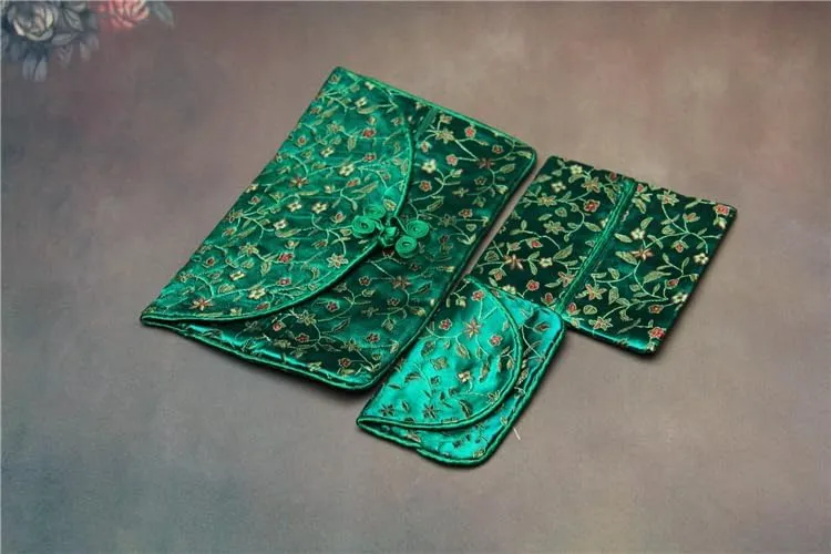 OUSIKA Chinese knot Silk Brocade Zipper 3 Sets Bags Women Travel Jewelry Cosmetic Packaging Bags Coin Purses Credit Card Holders Paper handkerchief Pouches ?) Bags (Color : Green)