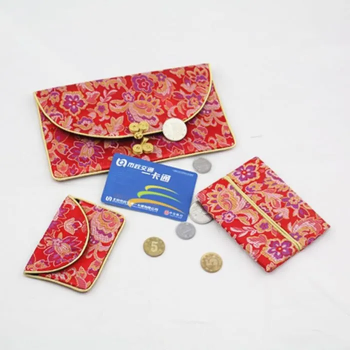 OUSIKA Chinese knot Silk Brocade Zipper 3 Sets Bags Women Travel Jewelry Cosmetic Packaging Bags Coin Purses Credit Card Holders Paper handkerchief Pouches ?) Bags (Color : Red)